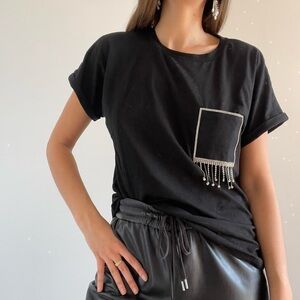 Black Boxy T-shirt with Sparkly Rhinestone Embellished Pocket | Size XL